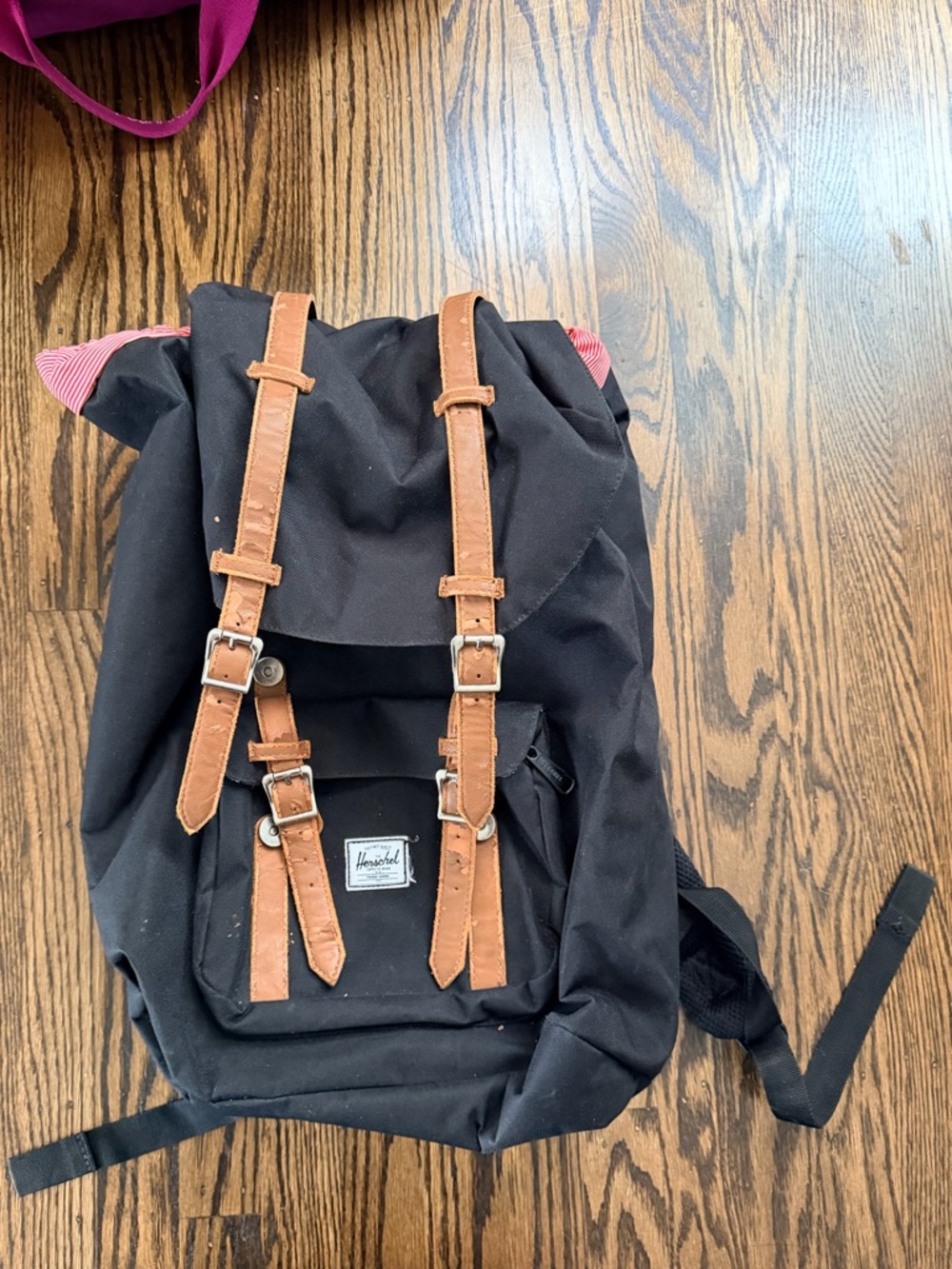 Herschel Supply Company Black Backpack with Brown Straps and Pink Lining